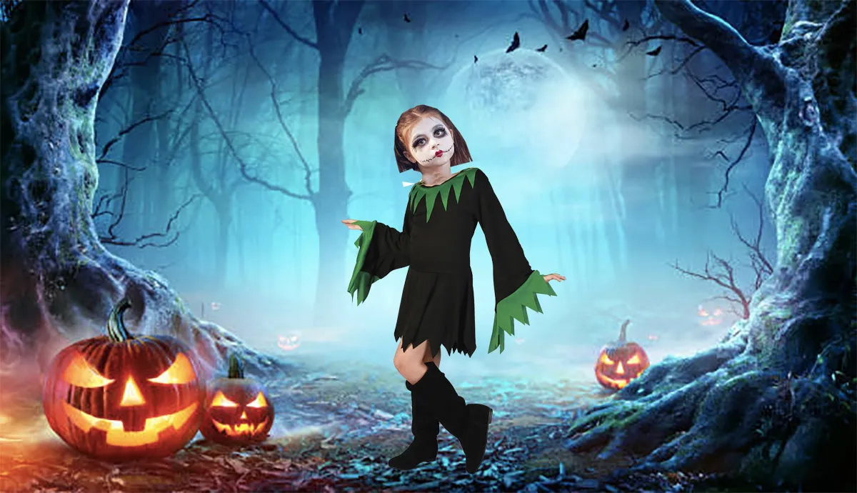 FancyDressWale halloween dress for Girls and Boys pumpkin witch ghost theme costume party Girl -Black-Green