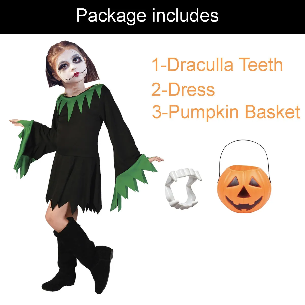 FancyDressWale halloween dress for Girls and Boys pumpkin witch ghost theme costume party Girl -Black-Green