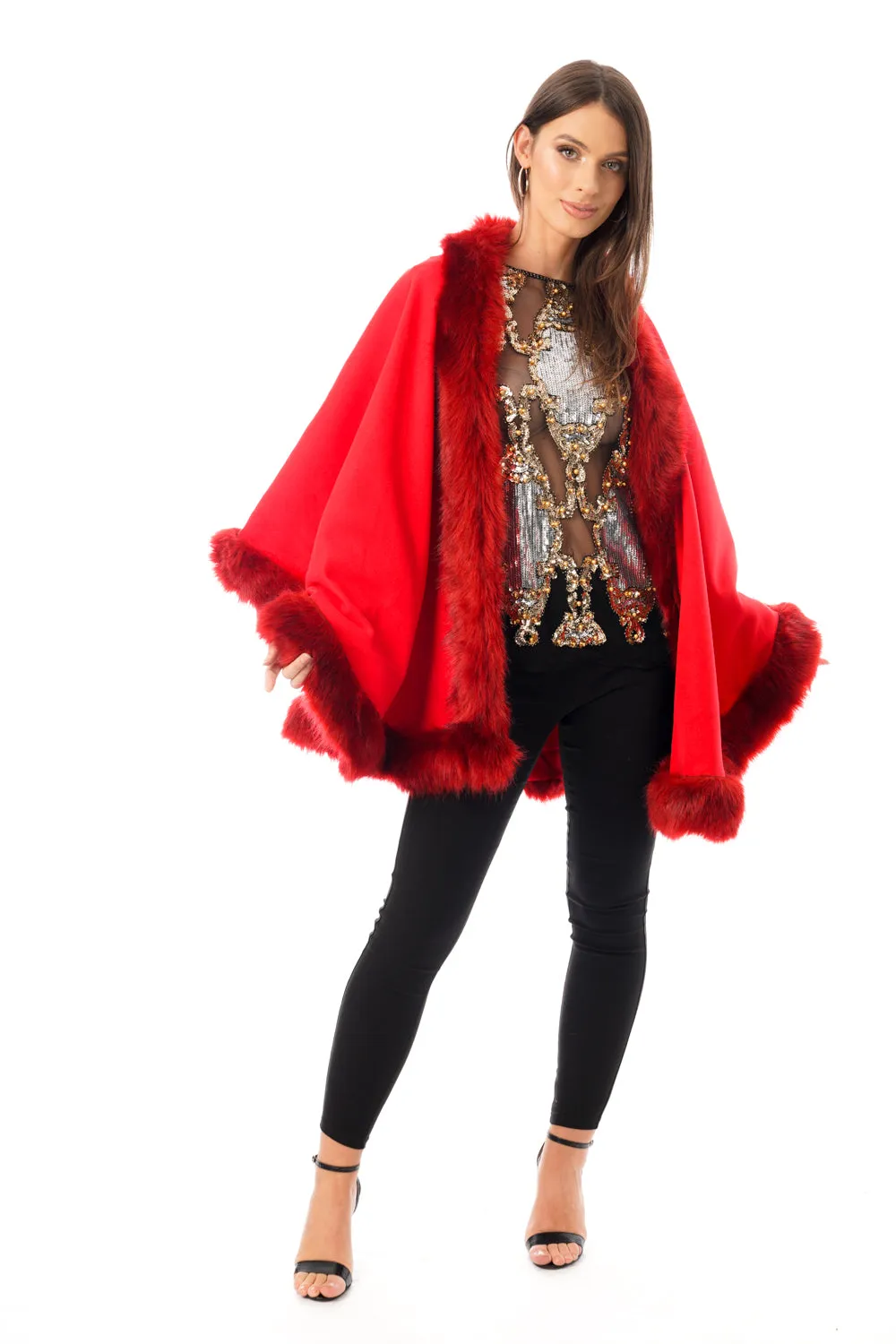 Felt Feel Faux Fur Swing Poncho Cape