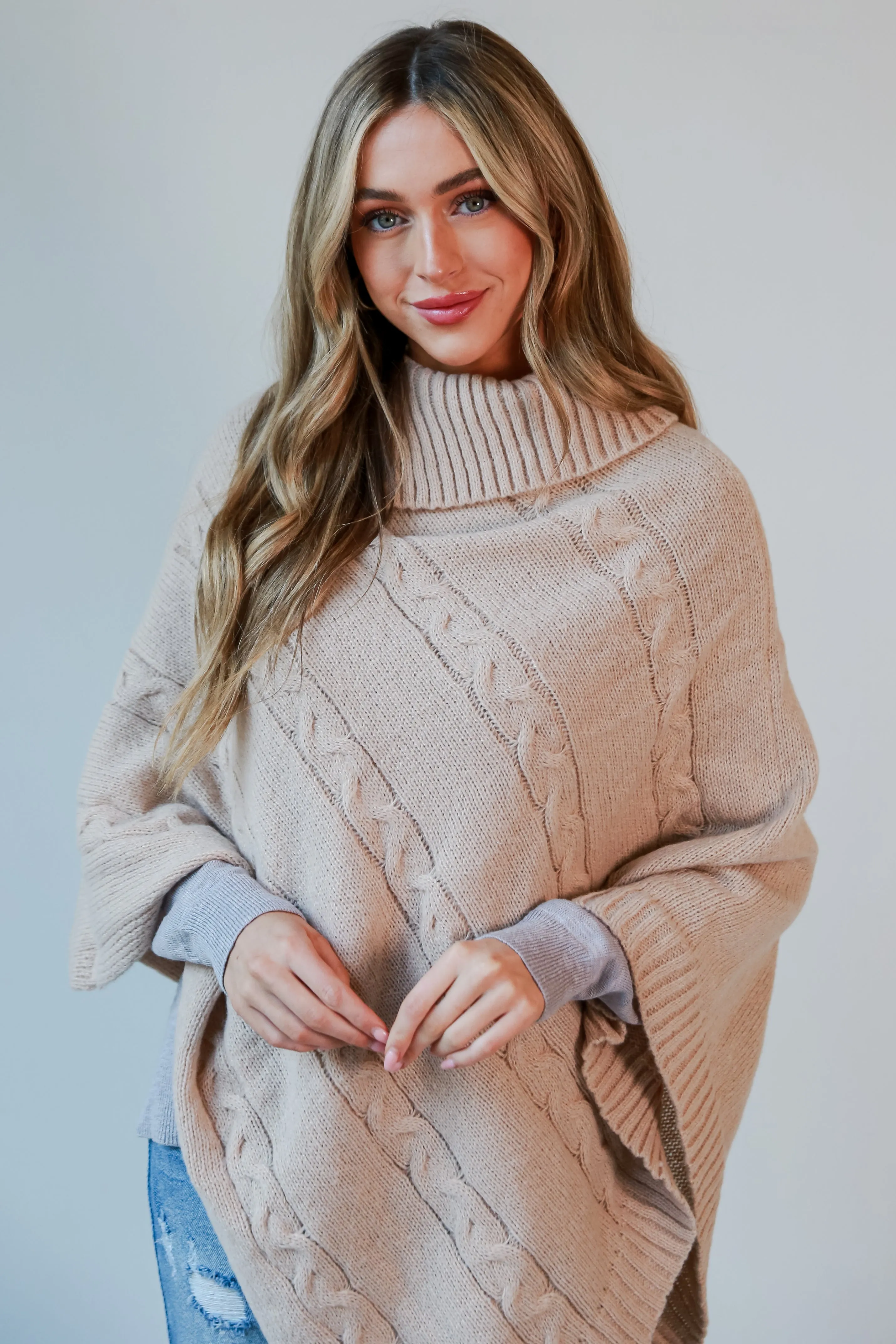 FINAL SALE - Coziest Pick Beige Cable Knit Poncho - DOORBUSTER