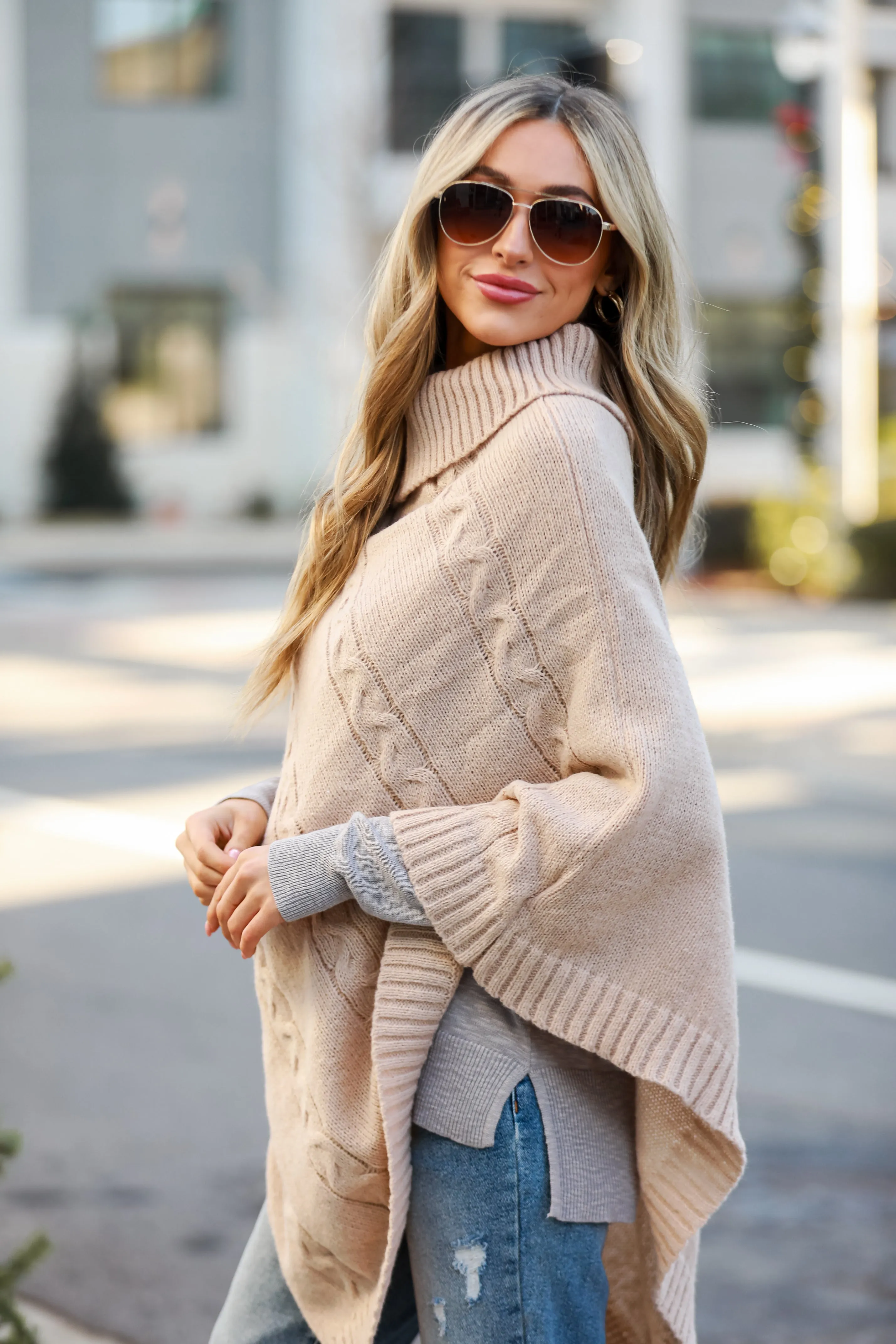 FINAL SALE - Coziest Pick Beige Cable Knit Poncho - DOORBUSTER