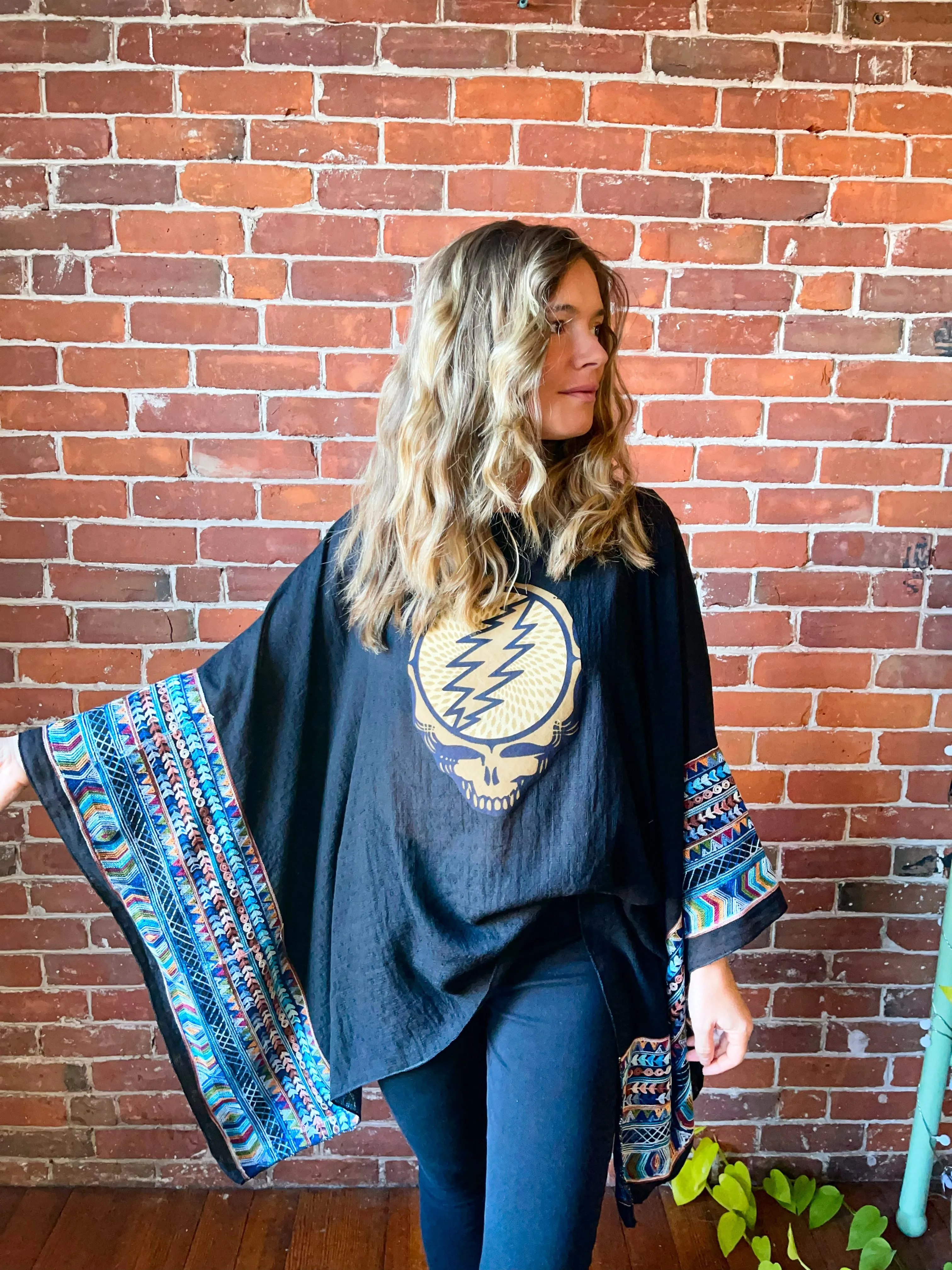 Grateful Dead Inspired Black Embroidered Poncho