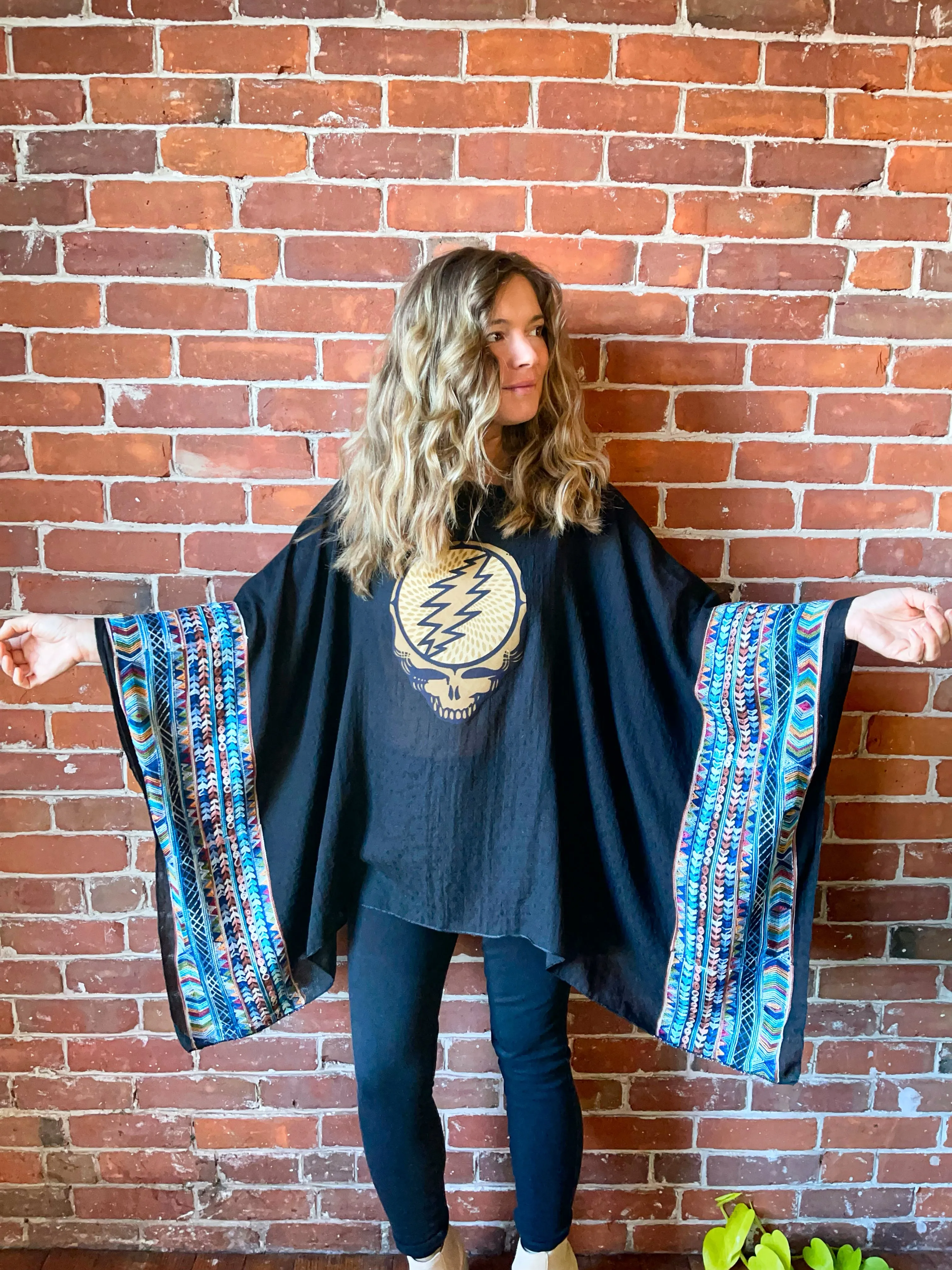 Grateful Dead Inspired Black Embroidered Poncho