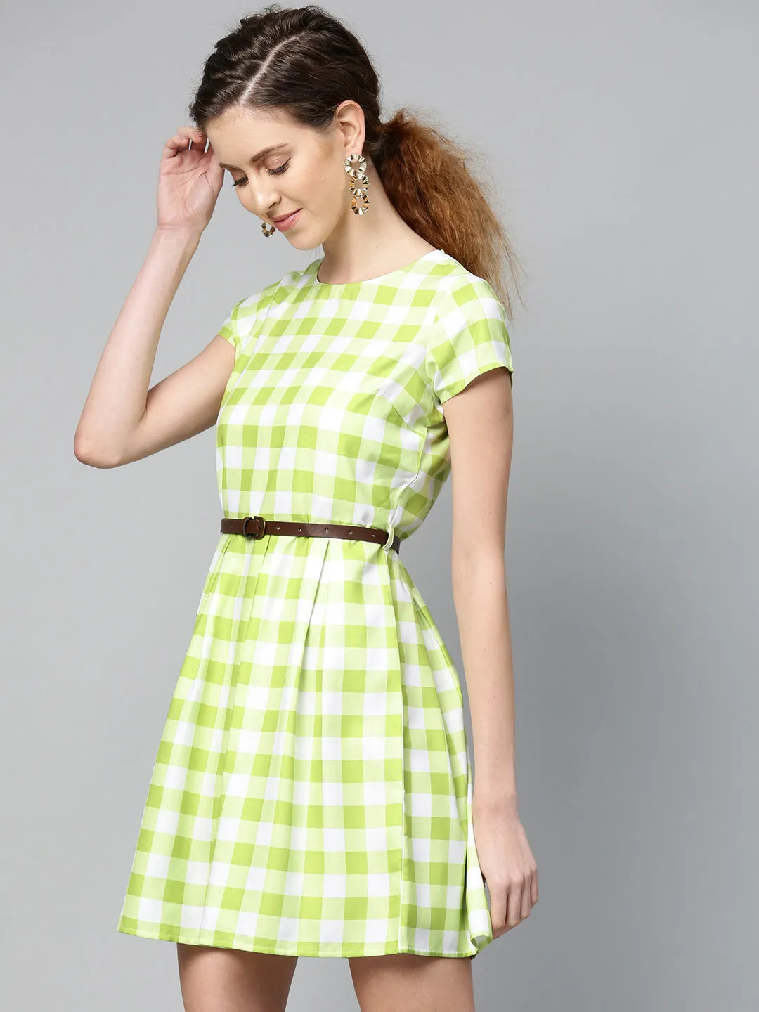 Green & White Check Skater Dress