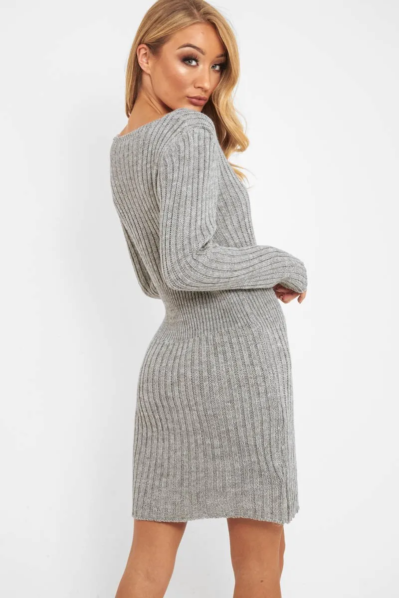 Grey Knit Plunge Button Front Jumper Dress - Cariah