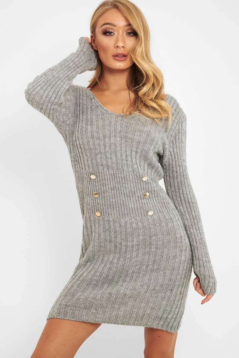 Grey Knit Plunge Button Front Jumper Dress - Cariah