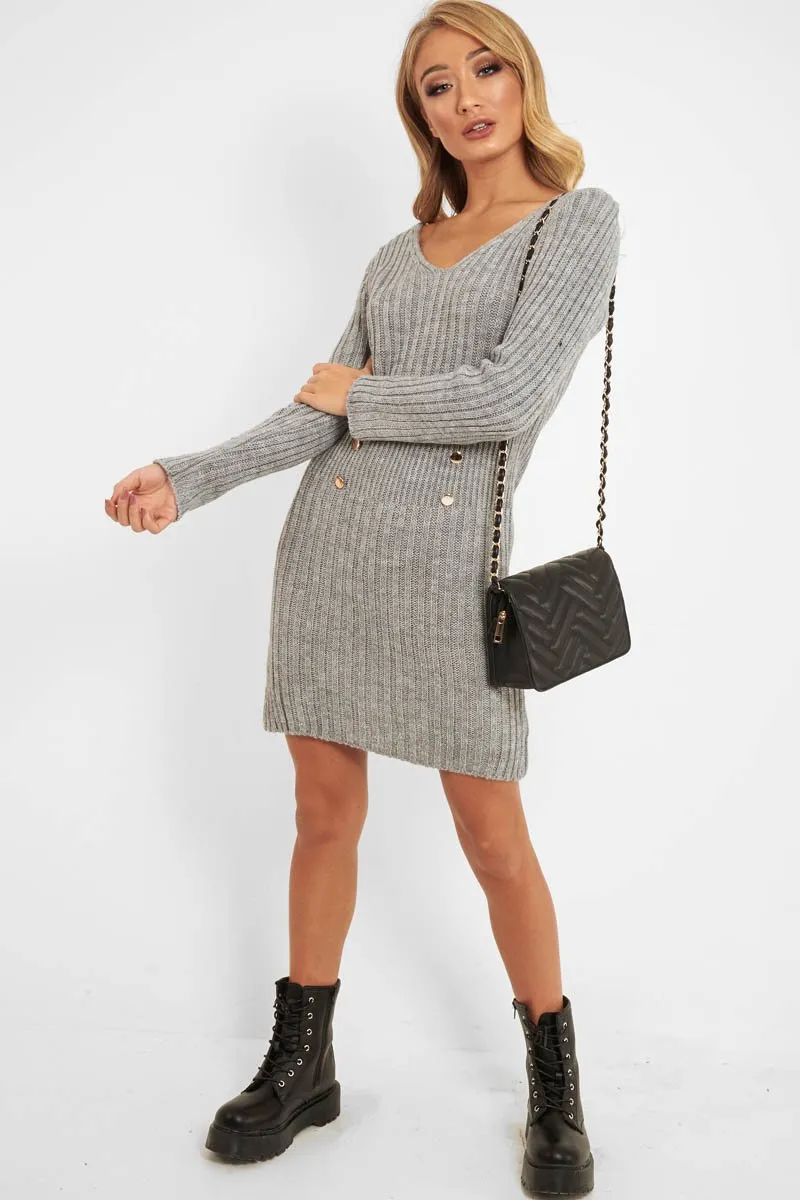 Grey Knit Plunge Button Front Jumper Dress - Cariah