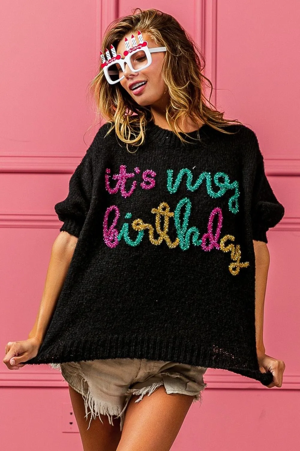 Hairy Sweater BiBi Metallic Letter Puff Sleeve Knitwear