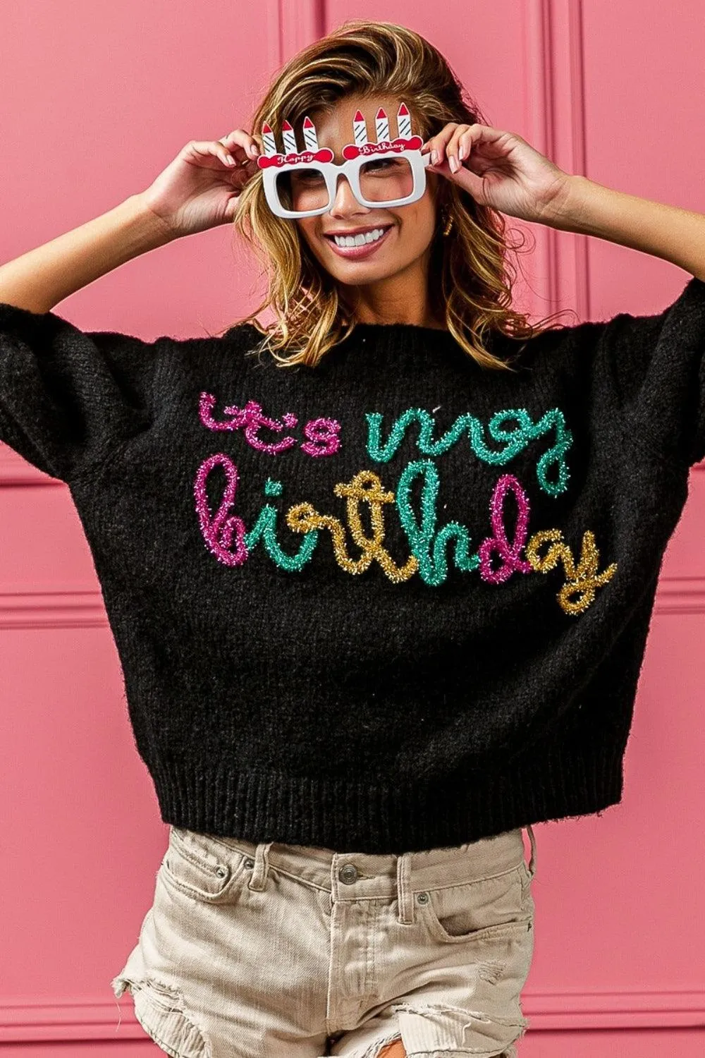 Hairy Sweater BiBi Metallic Letter Puff Sleeve Knitwear