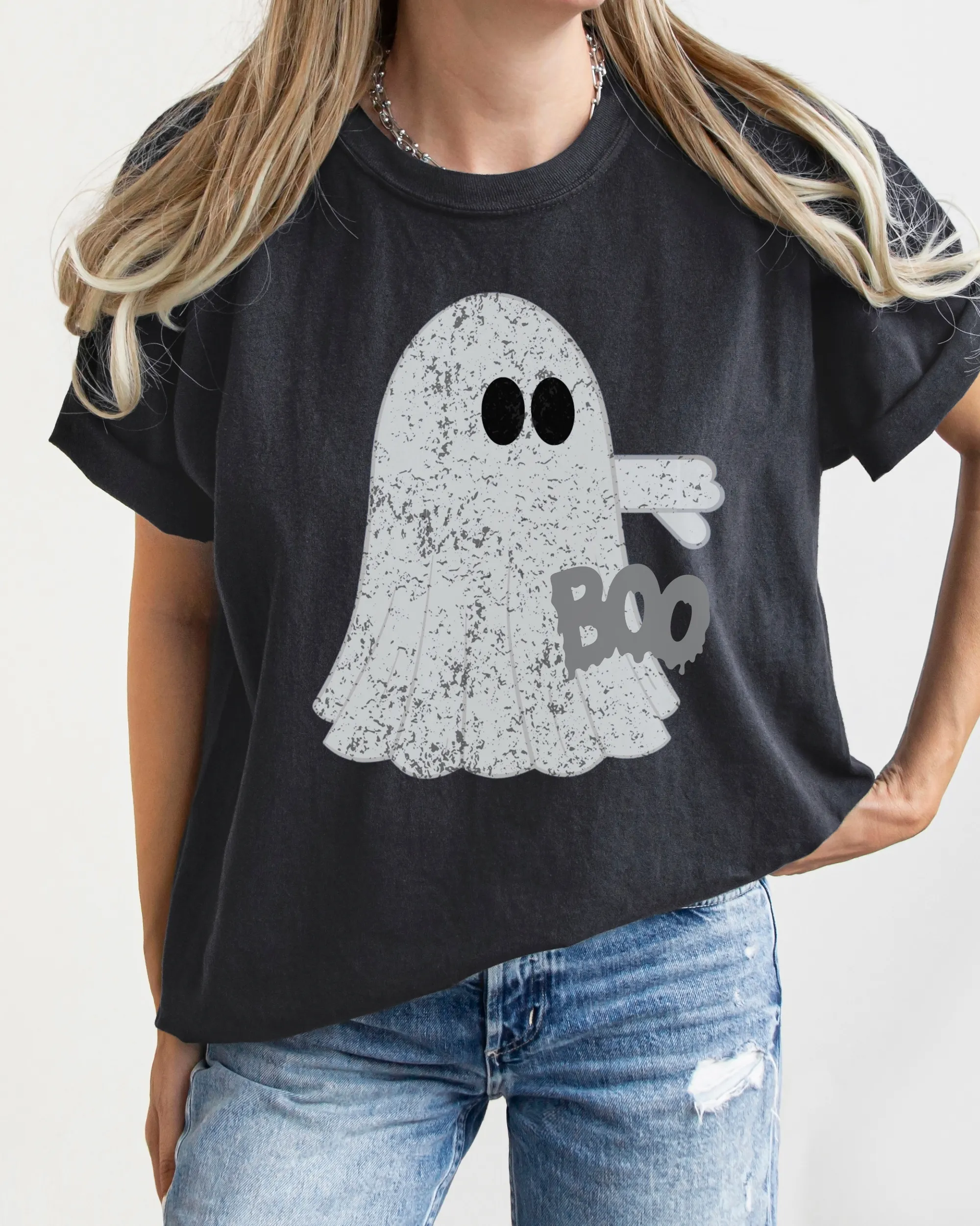 Halloween Boo Comfort Colors T-Shirt, Women's Distressed-Look Design, Funny Ghost T-Shirt