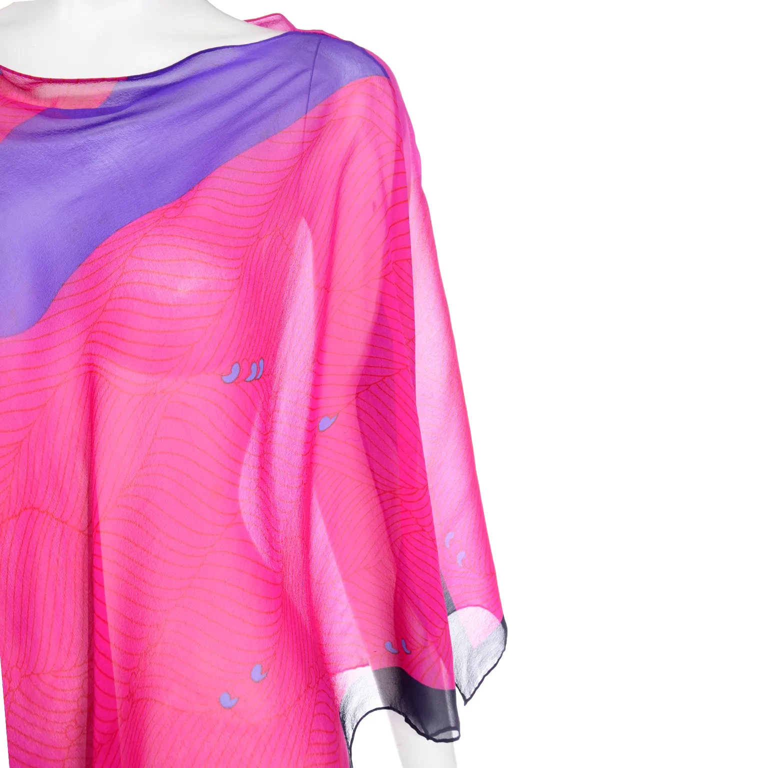 Hanae Mori Vintage Pink & Purple Silk Chiffon Poncho Style Top