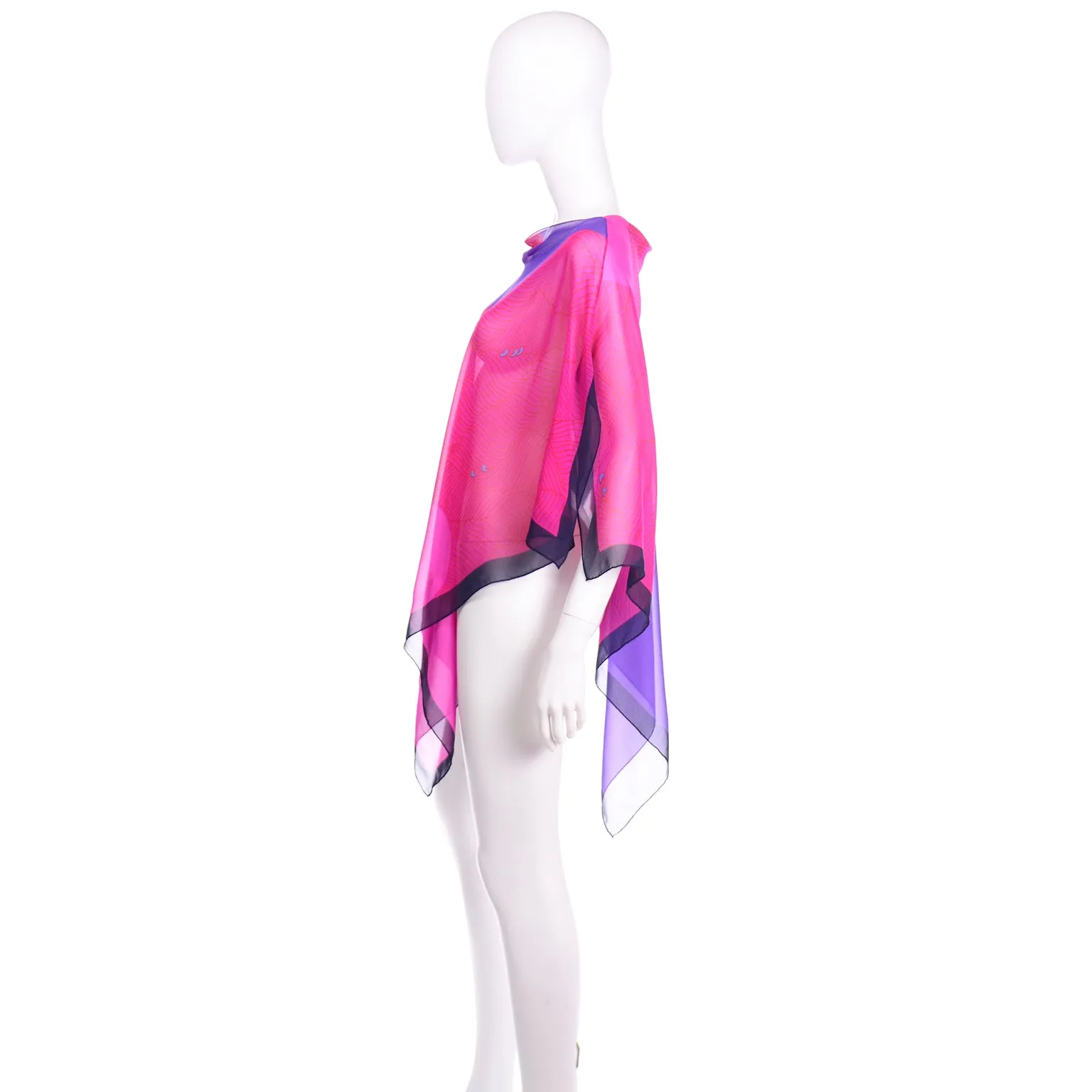 Hanae Mori Vintage Pink & Purple Silk Chiffon Poncho Style Top