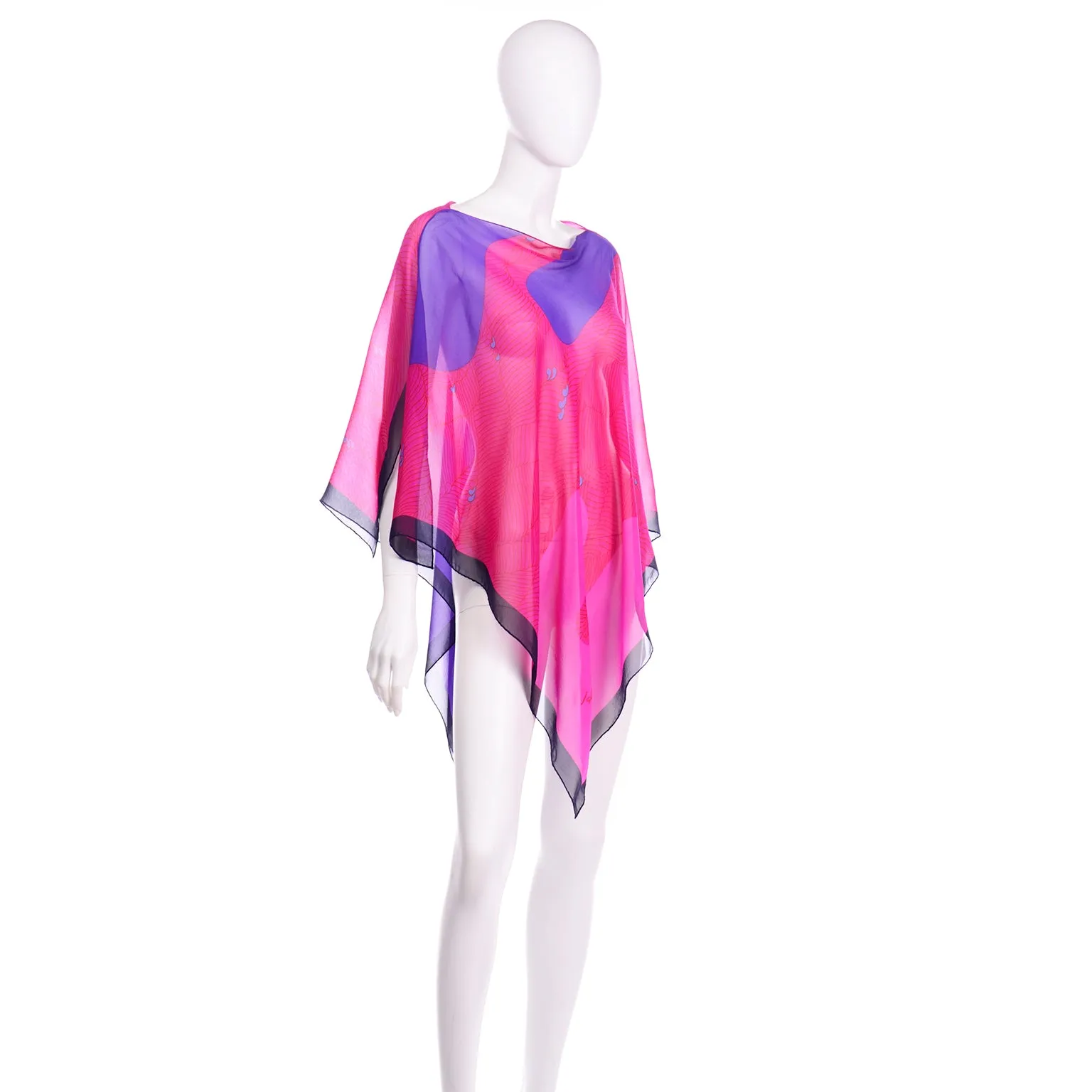 Hanae Mori Vintage Pink & Purple Silk Chiffon Poncho Style Top