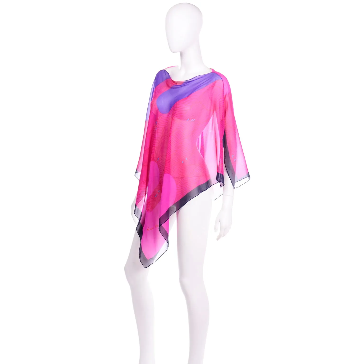 Hanae Mori Vintage Pink & Purple Silk Chiffon Poncho Style Top