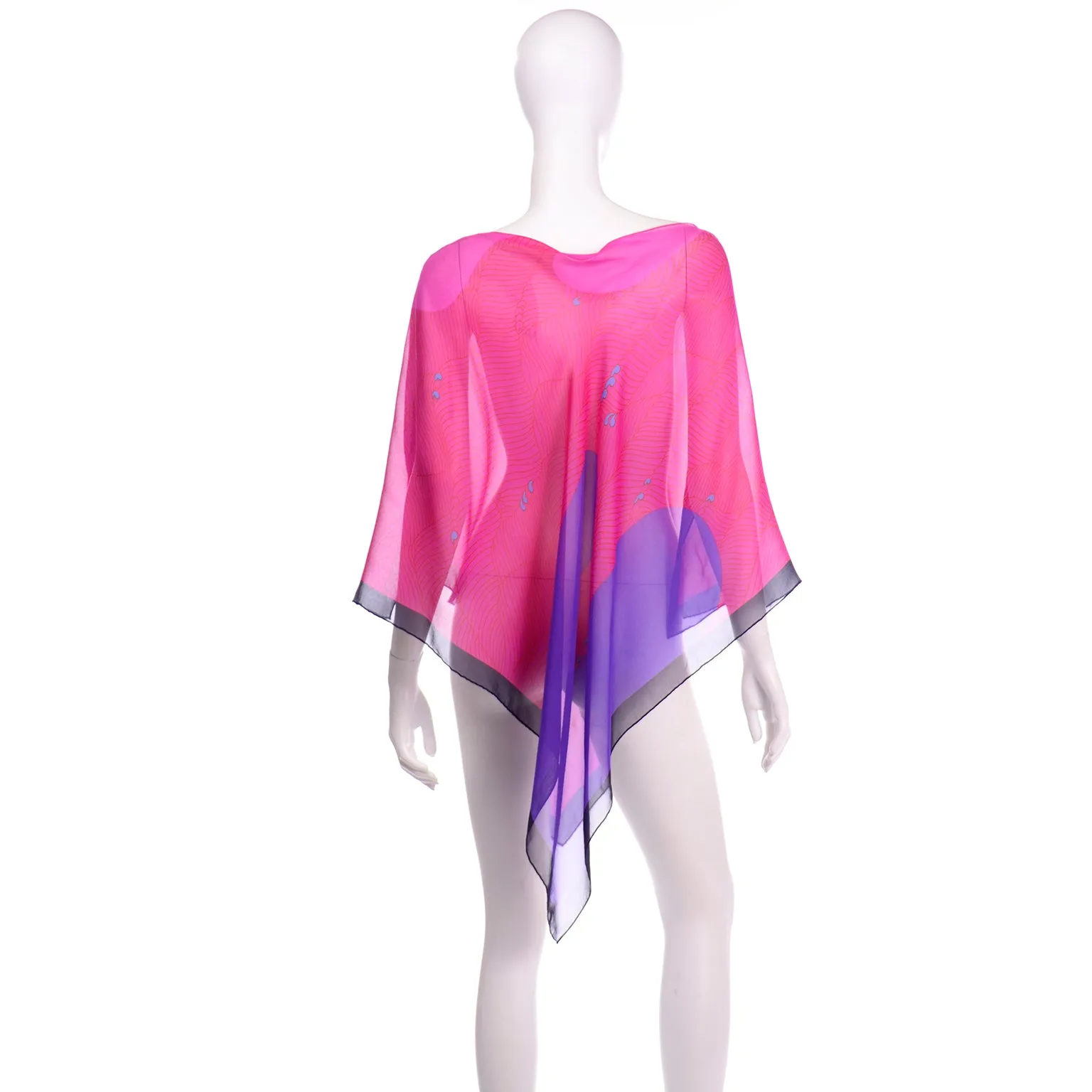 Hanae Mori Vintage Pink & Purple Silk Chiffon Poncho Style Top