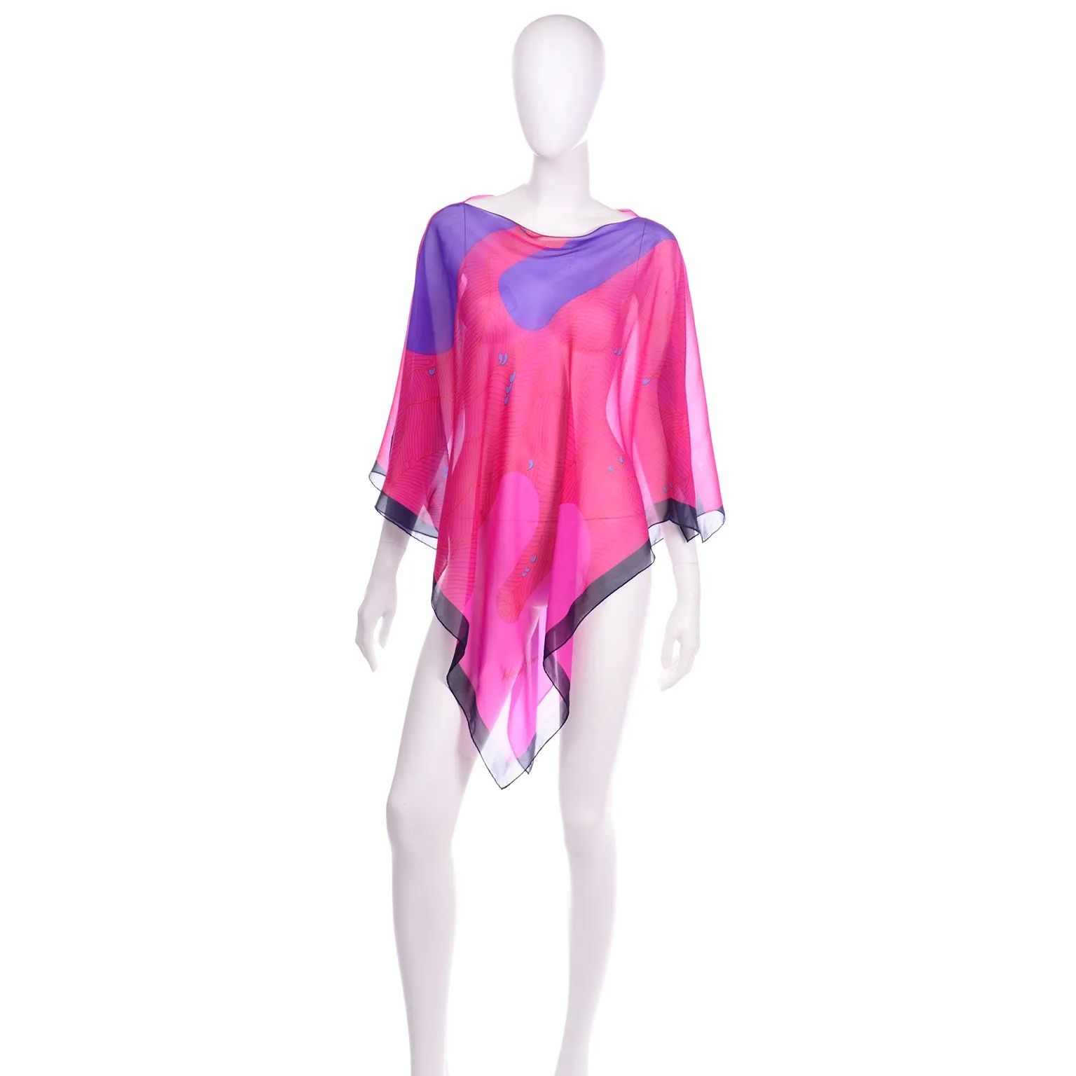 Hanae Mori Vintage Pink & Purple Silk Chiffon Poncho Style Top