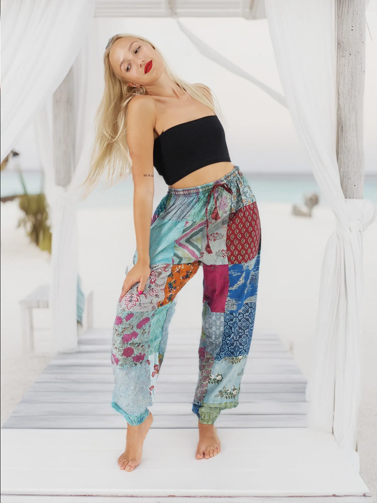 Handmade Floral Patchwork Bohemian Cotton Hippie Yoga Pants Blue Tones