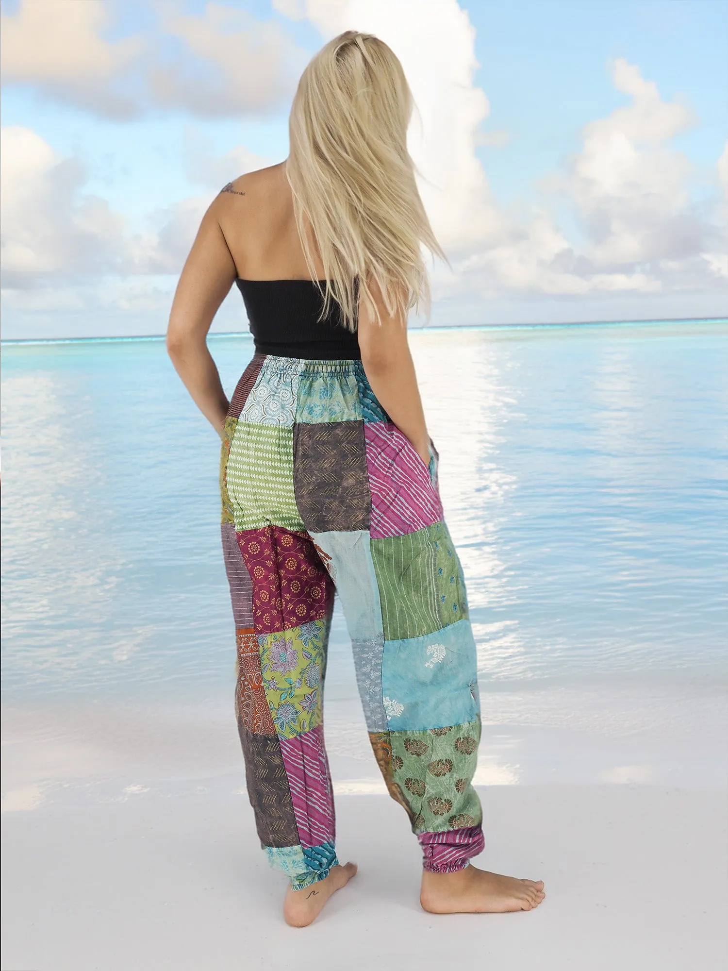 Handmade Floral Patchwork Bohemian Cotton Hippie Yoga Pants Blue Tones