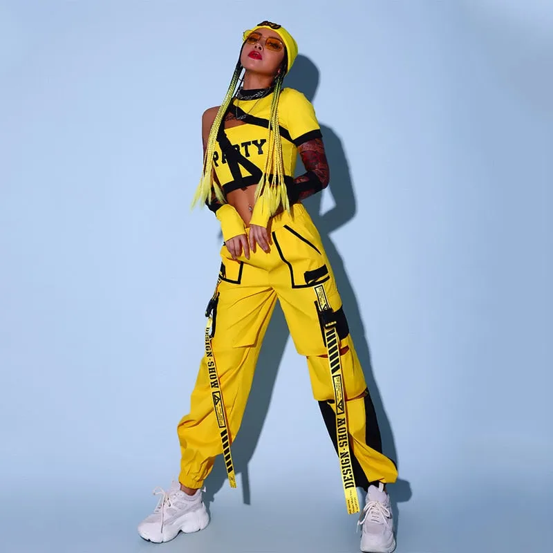 HH8188 Hip Hop Dancewear- Stage Costume -Streetwear-Yellow Cargo Pants and  Crop Top-
Hat with wig Not included.