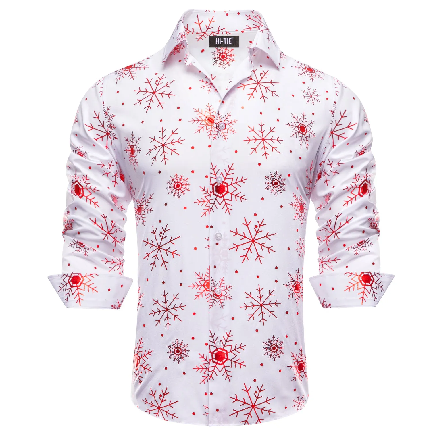 Hi-Tie Men Shirts White Red Snowflake Mens Long Sleeve Shirt Christmas