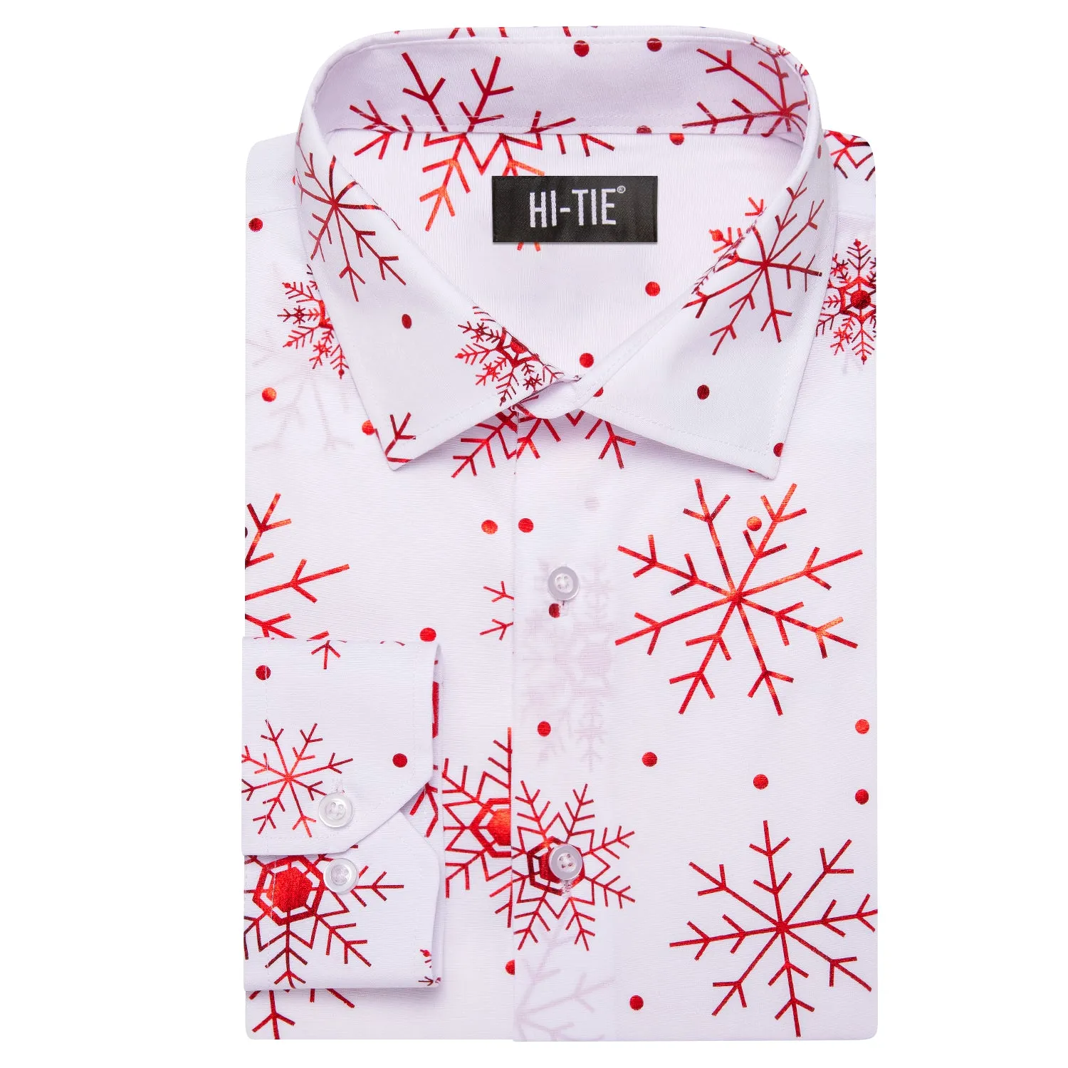 Hi-Tie Men Shirts White Red Snowflake Mens Long Sleeve Shirt Christmas