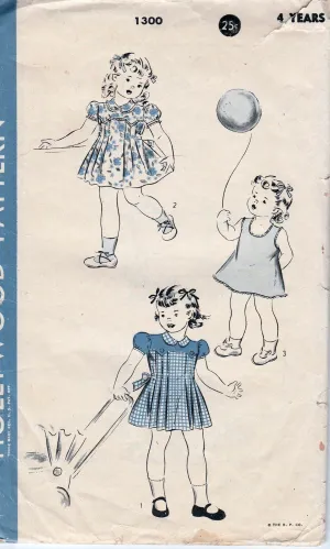 Hollywood 1300 Little Girls Play Dress Vintage 1940's Vintage Sewing Pattern