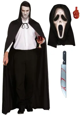 Horror Costume Set: Long Black Cape with Hood, Bleeding Scream Mask, and Fake Bloodied Kitchen Knife (50 cm)