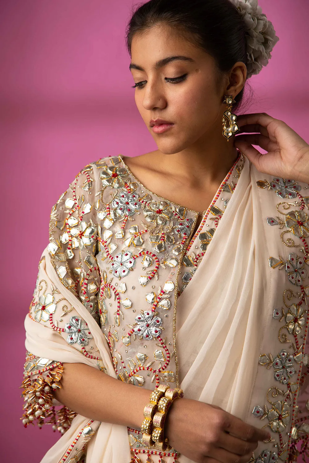 Ivory Gota Patti Saree, Blouse, Cape And Peticot