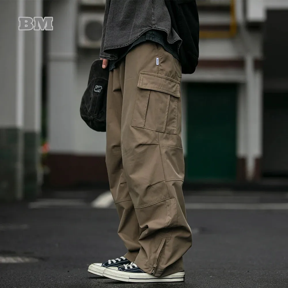 Japanese Streetwear Soft Straight Cargo Pants - Double Sided Twill - Multi-pocket Trousers