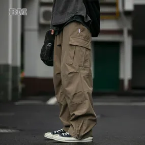 Japanese Streetwear Soft Straight Cargo Pants - Double Sided Twill - Multi-pocket Trousers