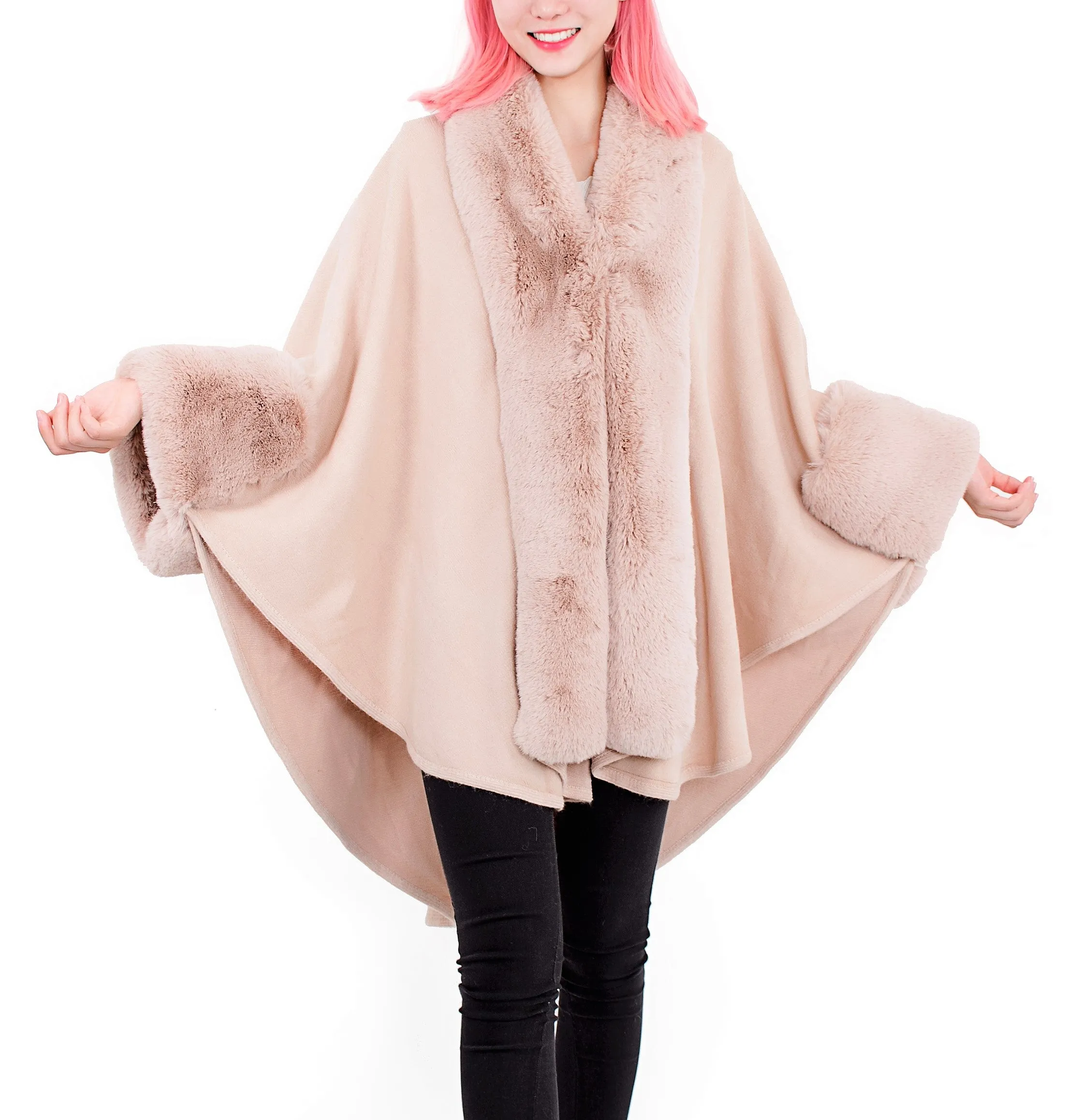 JC082710 Pink Faux-Rabbit-Fur long Collar Handkerchief Hem Cardigan