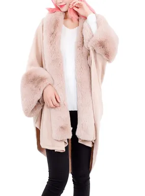 JC082710 Pink Faux-Rabbit-Fur long Collar Handkerchief Hem Cardigan