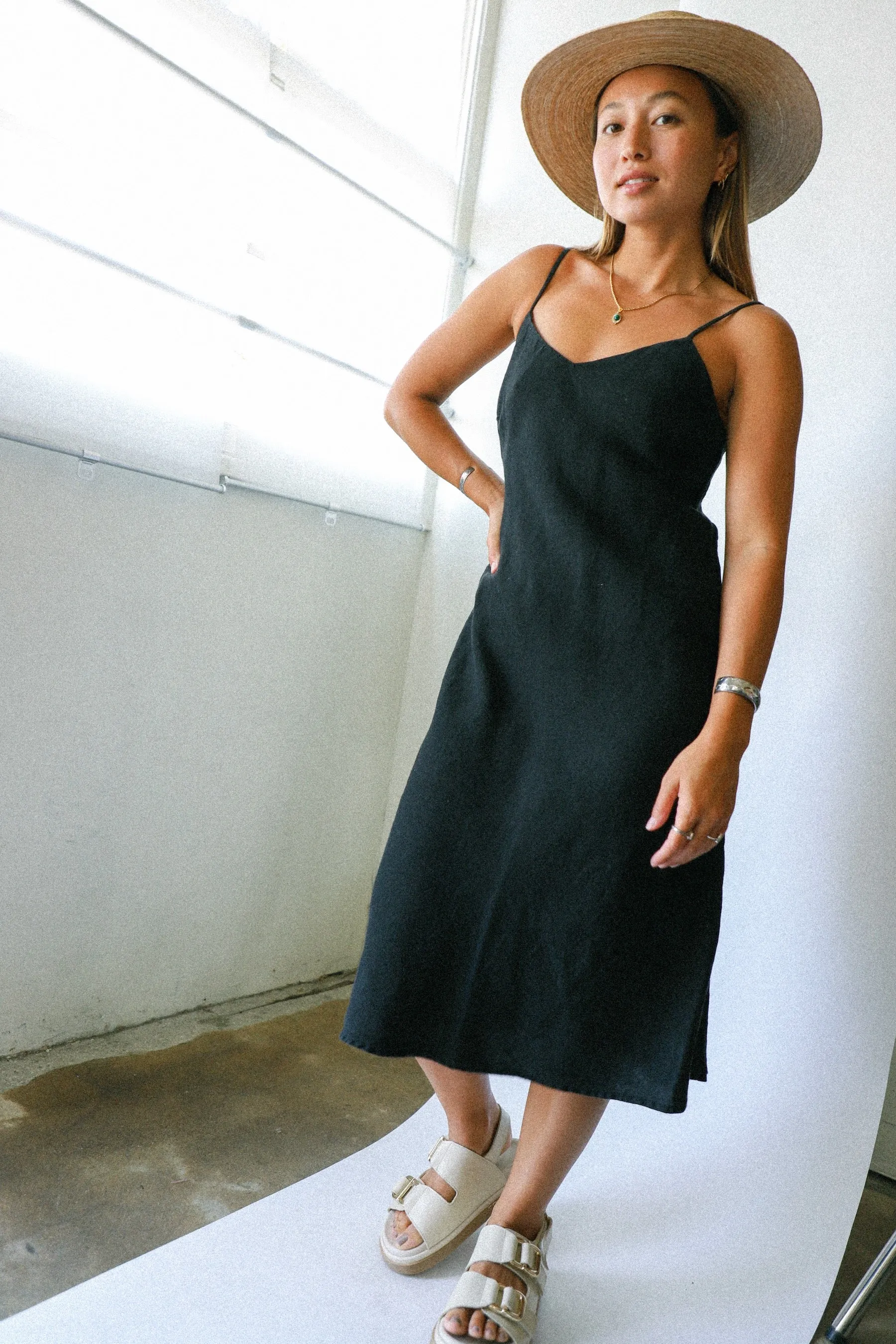 Jet Black Linen Slip Dress