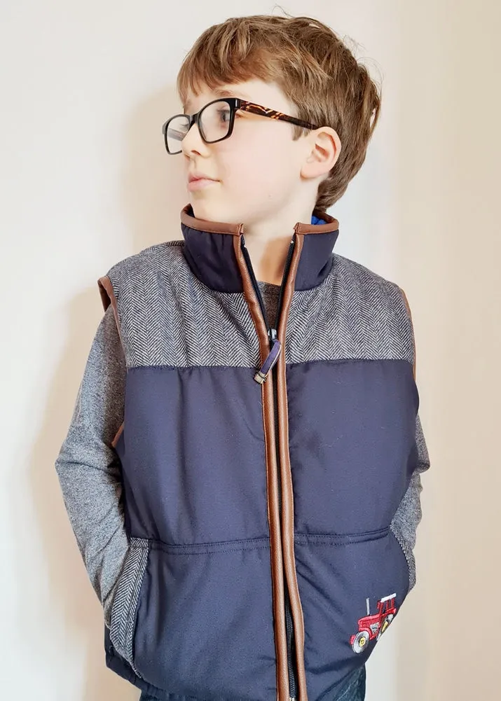 Kids’ Navy & Grey Tweed Patch Gilet with Tan Trim