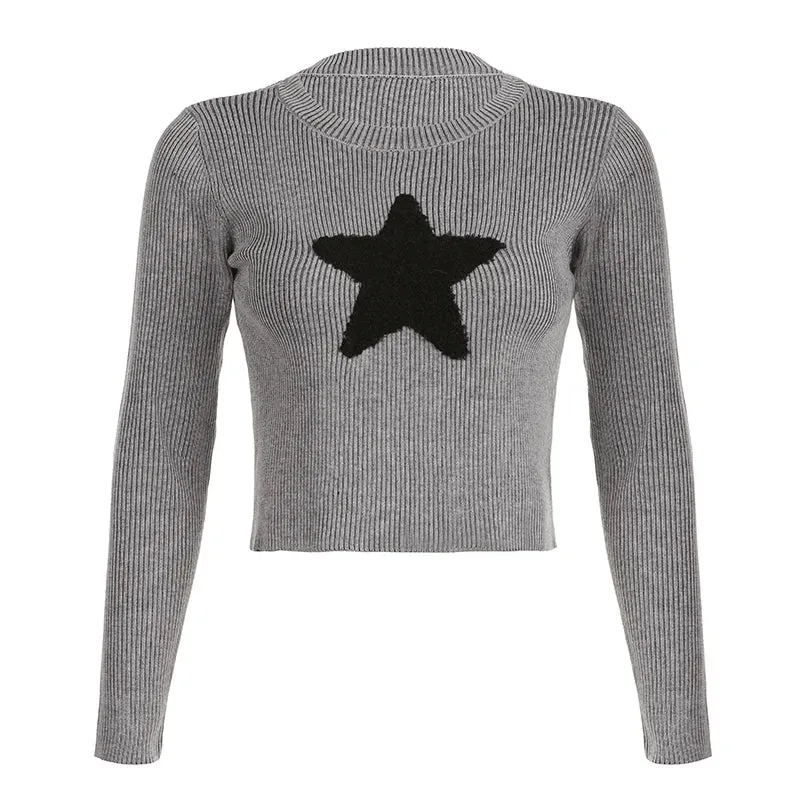 Korean Fashion Star Patched Autumn Sweater Knitted Casual Cute Crop Top Pullover Slim Preppy Style Knitwear Jumpers