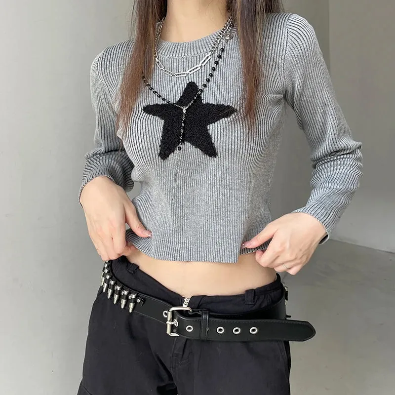 Korean Fashion Star Patched Autumn Sweater Knitted Casual Cute Crop Top Pullover Slim Preppy Style Knitwear Jumpers