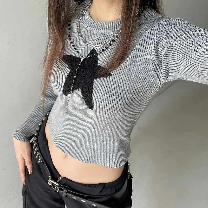 Korean Fashion Star Patched Autumn Sweater Knitted Casual Cute Crop Top Pullover Slim Preppy Style Knitwear Jumpers