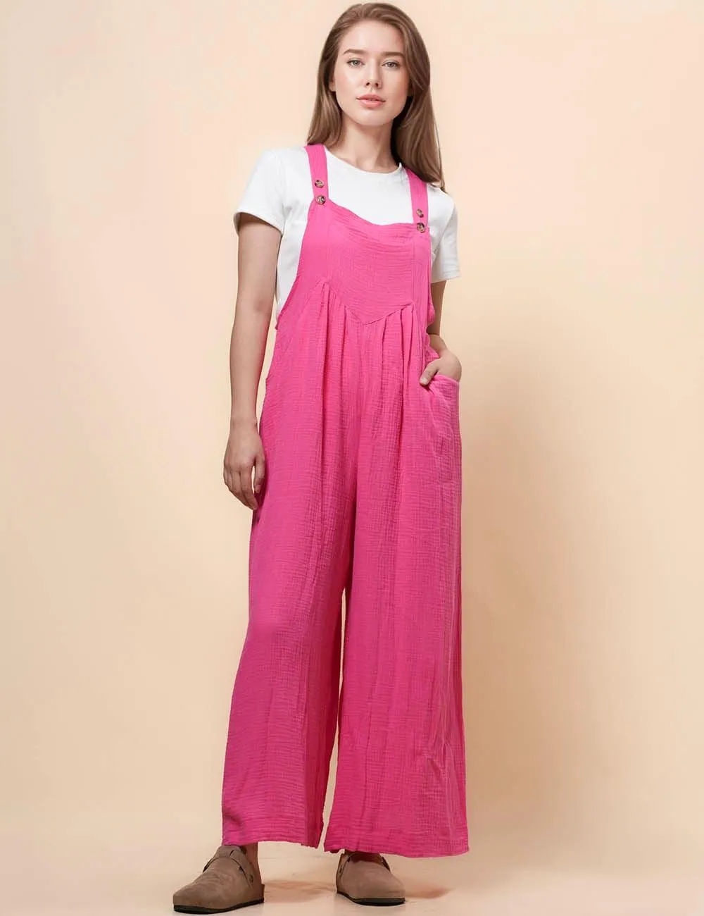 Ladies Botton Strape Overall Relaxed Gauzy Jumpsuits SKJ162