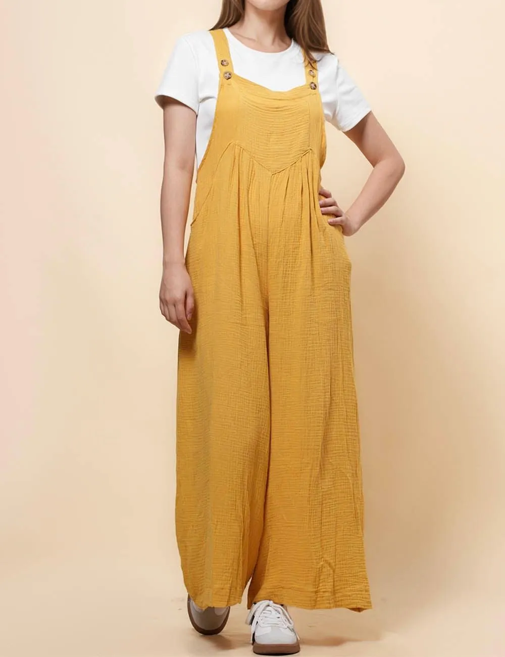 Ladies Botton Strape Overall Relaxed Gauzy Jumpsuits SKJ162