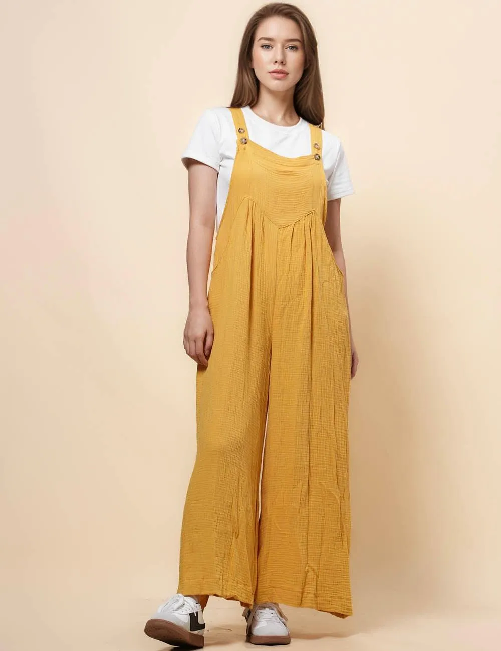 Ladies Botton Strape Overall Relaxed Gauzy Jumpsuits SKJ162