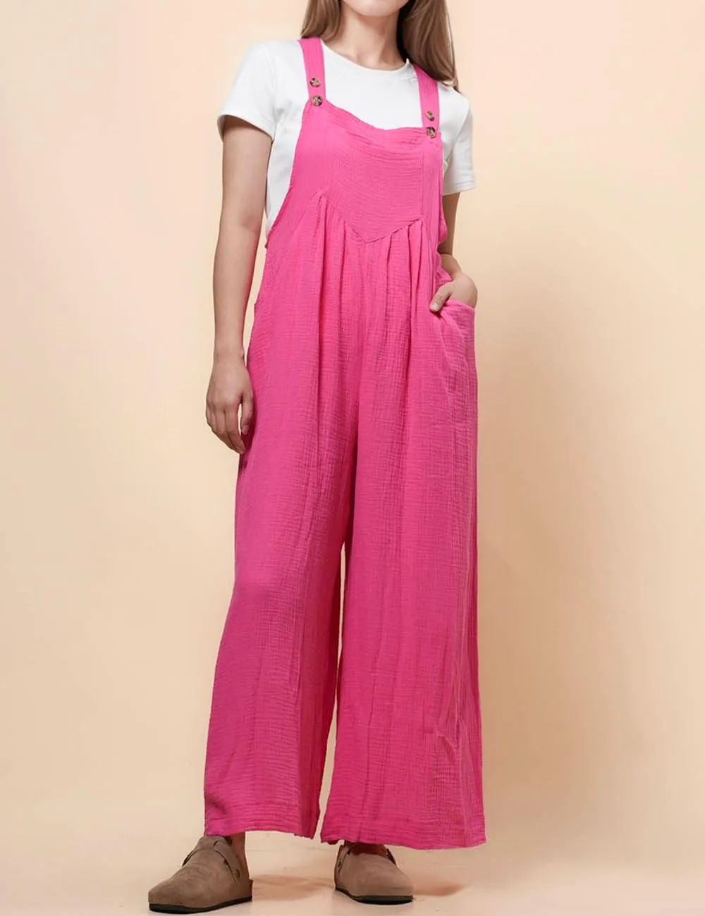 Ladies Botton Strape Overall Relaxed Gauzy Jumpsuits SKJ162