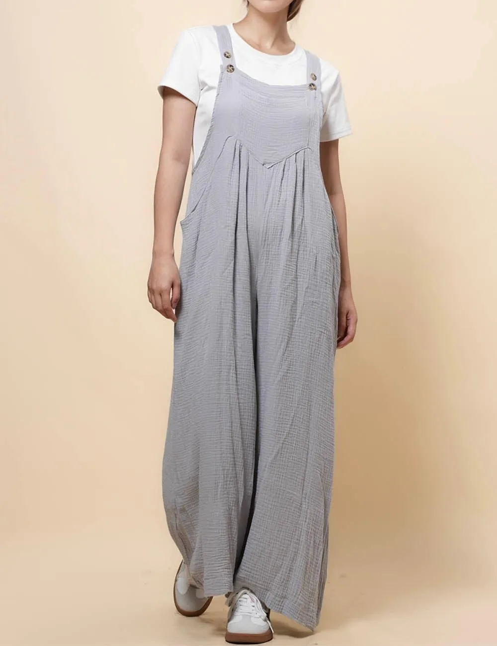 Ladies Botton Strape Overall Relaxed Gauzy Jumpsuits SKJ162