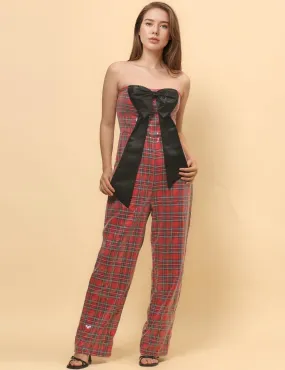 Ladies Christmas Sequin Plaid Jumpsuit Bowknot Overall SKJ4920