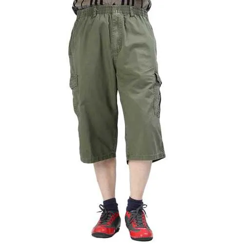 Large Size Mens Pure Color Leisure Calf Length Cargo Pants