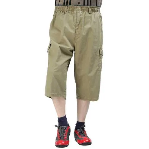 Large Size Mens Pure Color Leisure Calf Length Cargo Pants