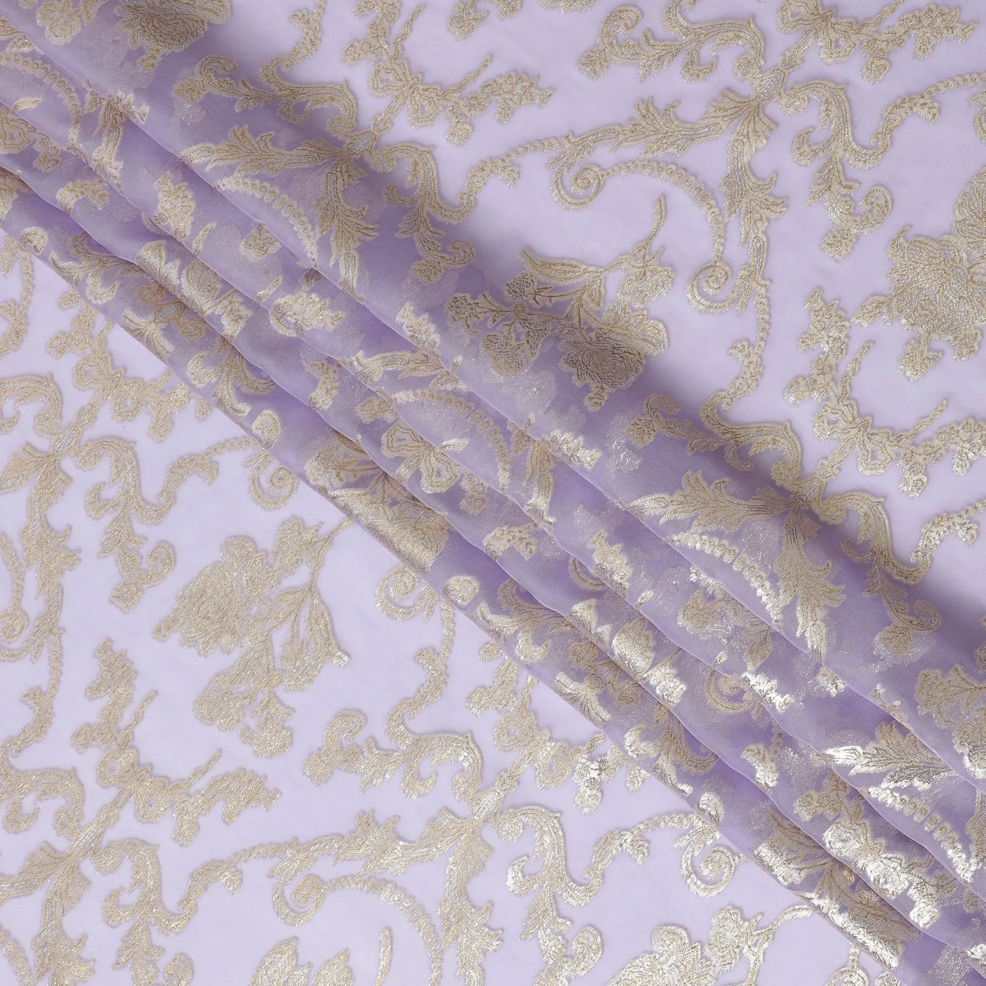 Lavender Pure Silk Chiffon Fabric with Gold Lurex Design, 110cm Width - Luxuriously Tailored in South Korea-D17896