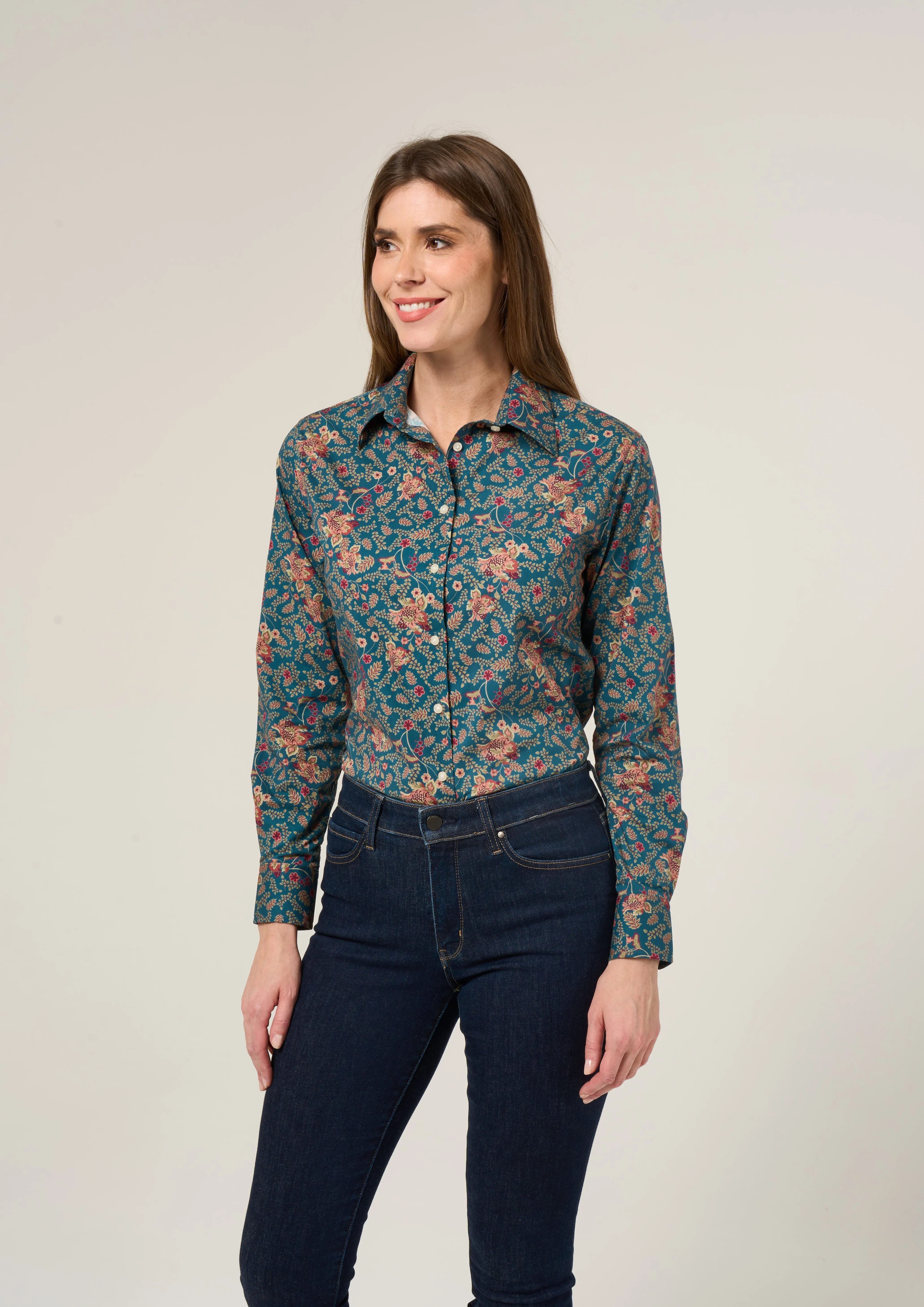 Lawen Ladies Printed Cotton Shirt - Blue Floral Design