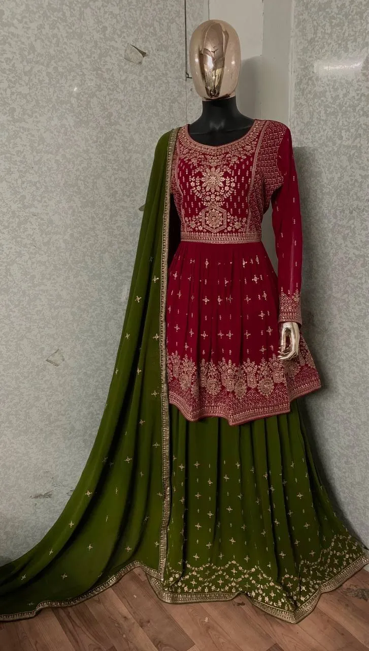 Lehenga Suit Set in Rani Pink with Intricate Embroidery