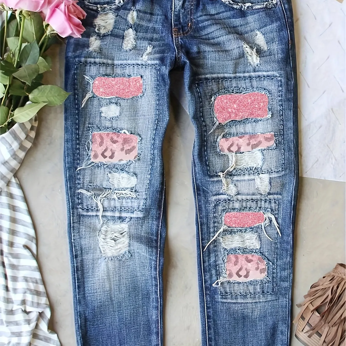 Leopard Patchwork Distressed Jeans Stylish Casual Denim Pants for Women