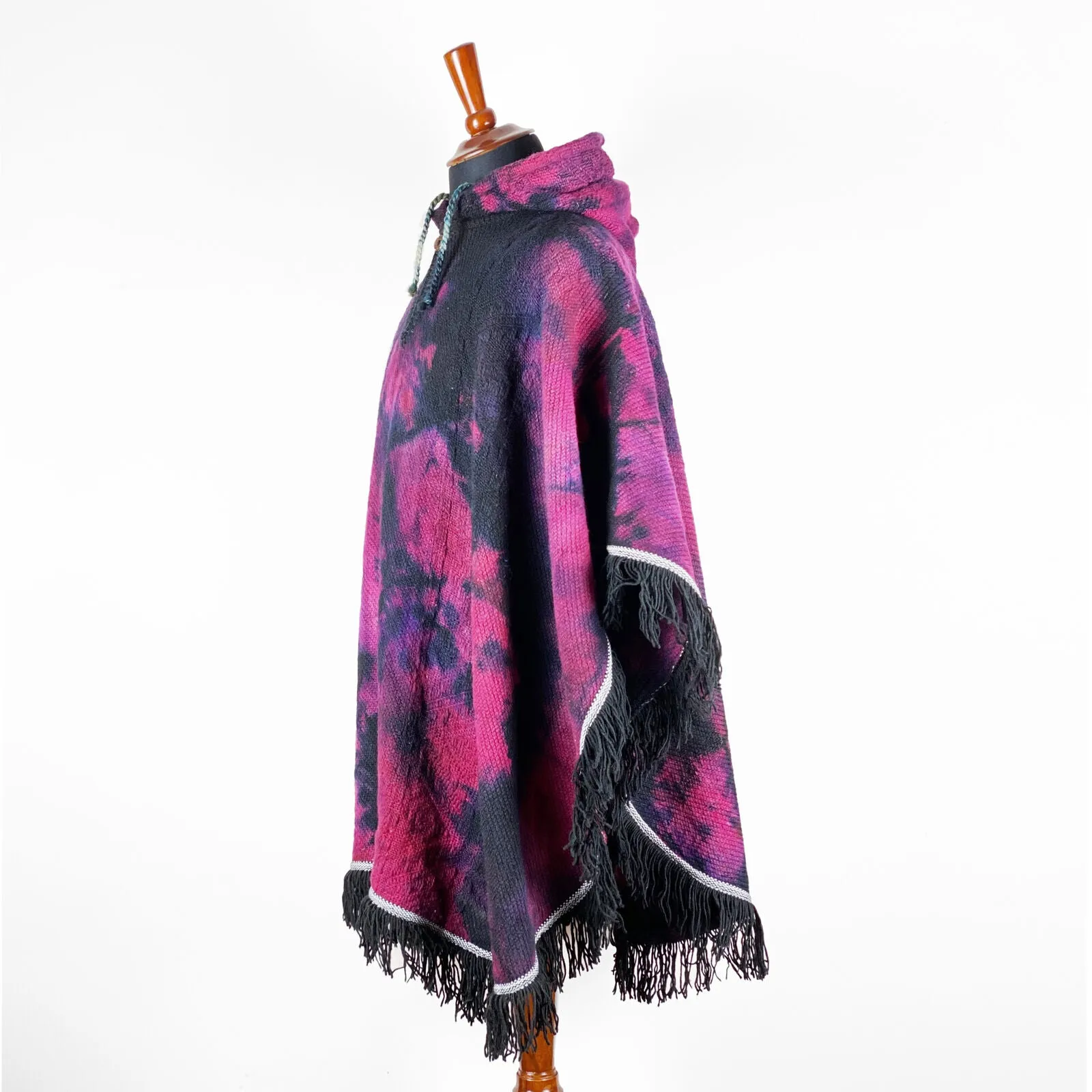 Llama Wool Unisex South American Handwoven Hooded Poncho - black/purple/blue/red abstract pattern